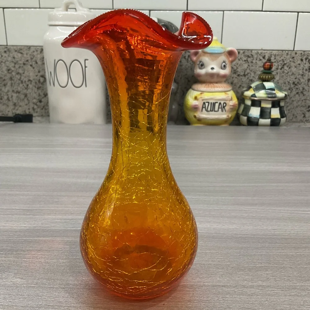 VINTAGE MID CENTURY MODERN HAND BLOWN‎ AMBERINA CRACKLE GLASS VASE